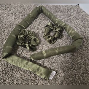 Olive Green Satin Hair Accessories, Long Padded Hair Roller & 2 Scrunchies, New